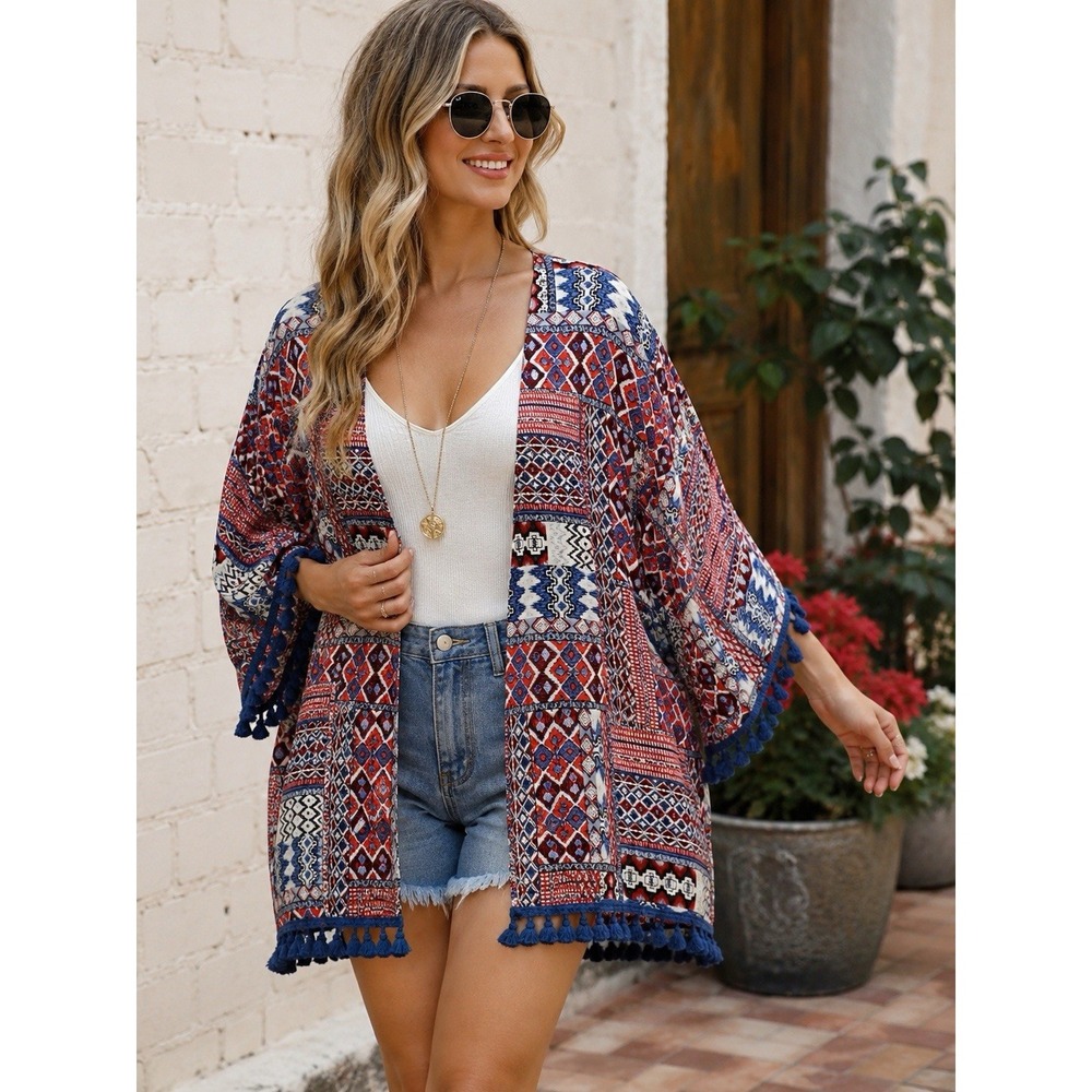 Umgee USA Tassel Kimono Cardigan S/M Red White Blue Boho Festival Open Front